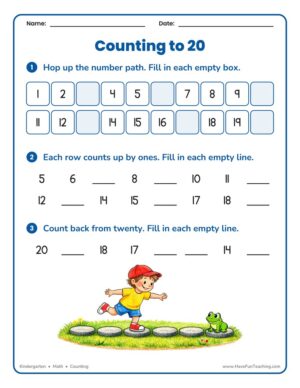 Kindergarten counting to 20 fill in the blank worksheet