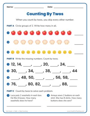 2nd Grade counting by twos and skip counting practice worksheet