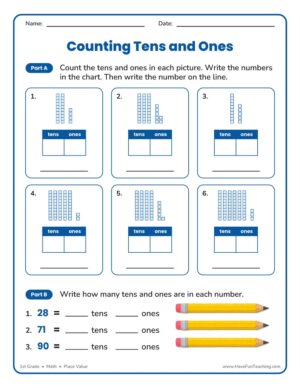 1st Grade counting tens and ones place value worksheet
