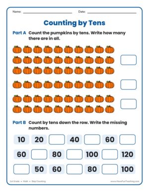1st Grade counting by tens worksheet with rows of ten pumpkins