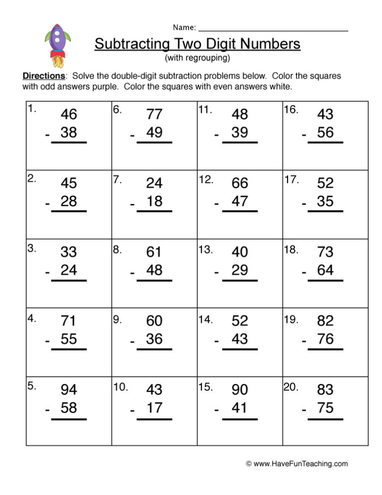 Rocket Double Digit Subtraction Regroup Worksheet
