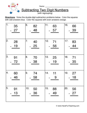 Astronaut Double Digit Subtraction Regroup Worksheet