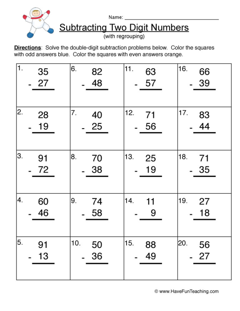 Astronaut Double Digit Subtraction Regroup Worksheet