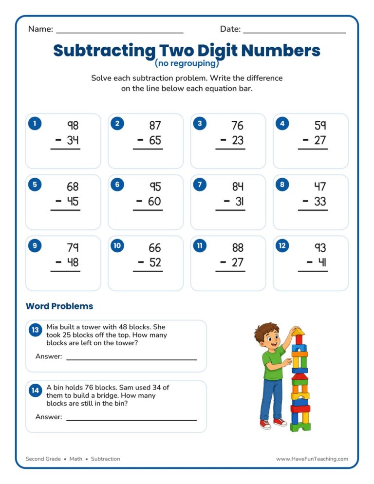 Blocks Double Digit Subtraction Without Regrouping Worksheet
