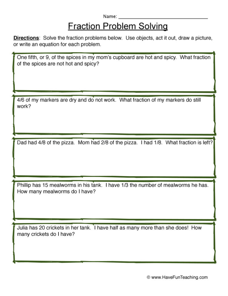 Fraction Word Problem Solving Worksheet