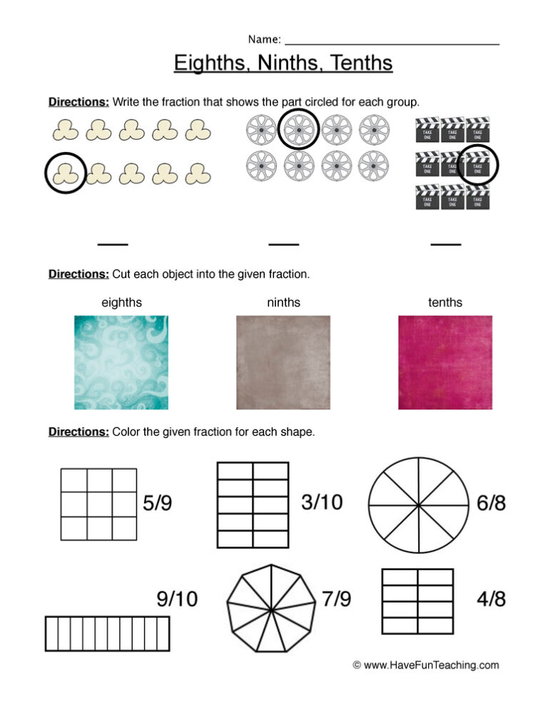 Fractions Eighth Ninth Tenth Worksheet