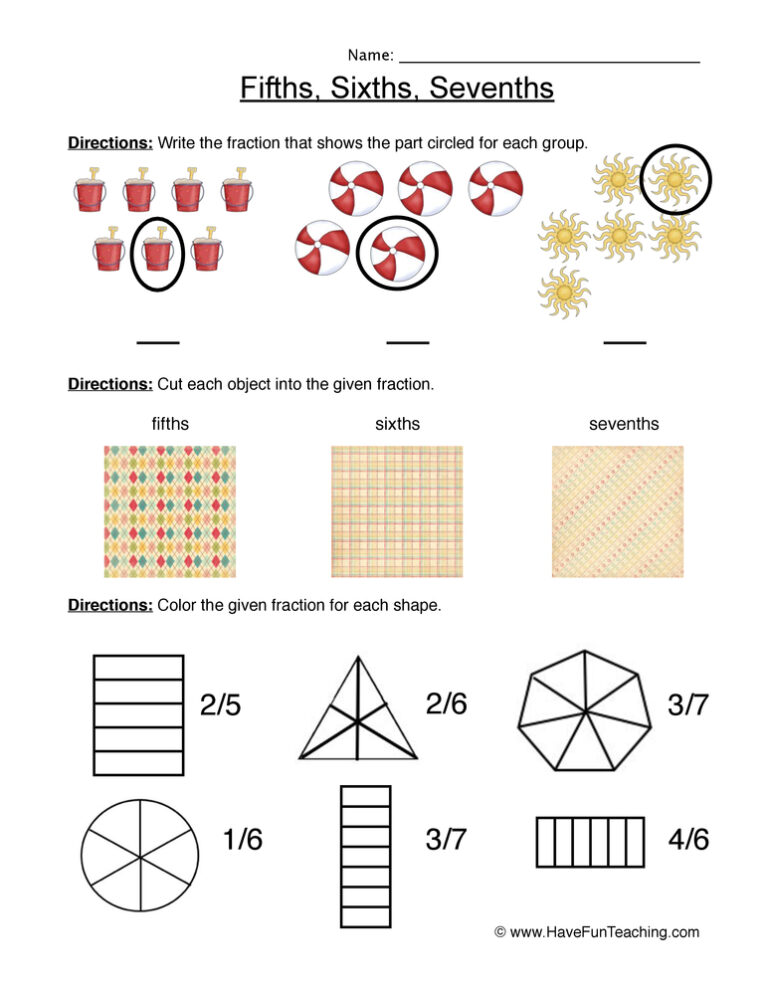 Fractions Fifth Sixth Seventh Worksheet