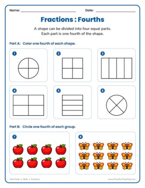 2nd Grade shading fractions fourths worksheet