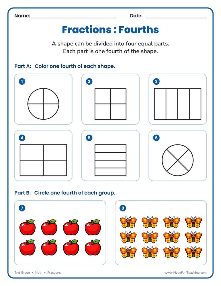 Shading Fractions Fourths Worksheet