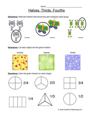 Fractions Half Third Fourth Worksheet