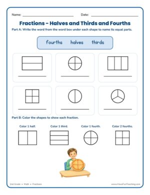 2nd grade fractions worksheet showing halves, thirds, and fourths of shapes