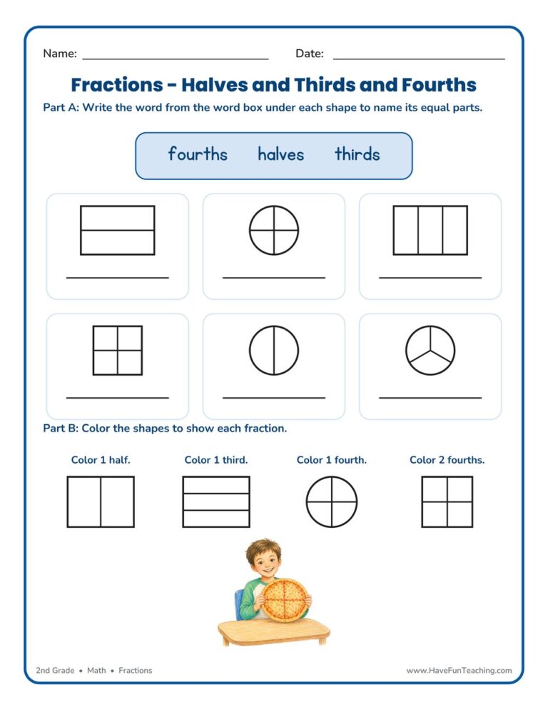 Color Halves Thirds Fourths Worksheet