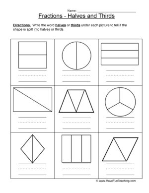 Coloring Halves Thirds Worksheet