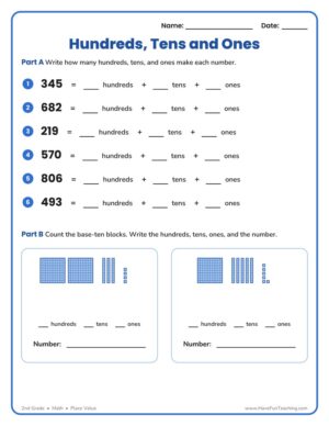 2nd grade place value worksheet showing hundreds, tens, and ones