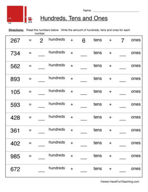 Hundreds Tens Ones Worksheet