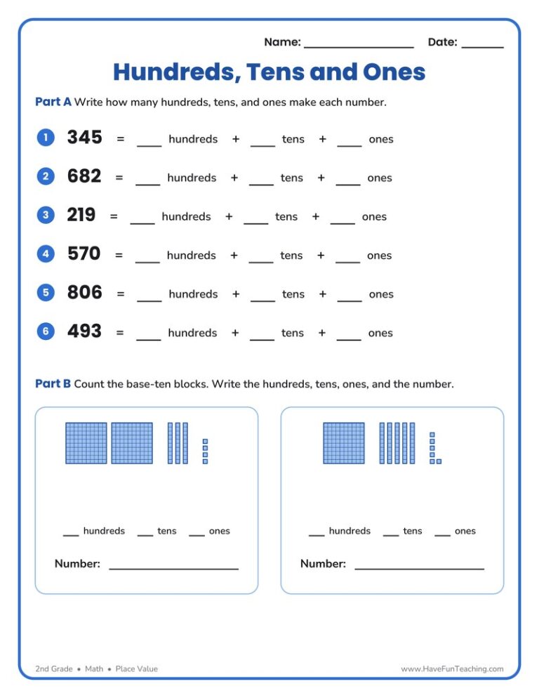 Hundreds Tens Ones Worksheet