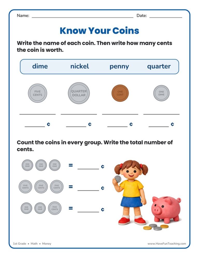 Identifying Coins Worksheet