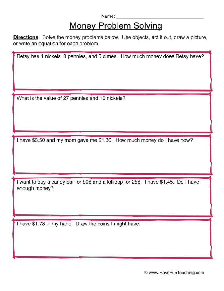 Money Problem Solving Worksheet