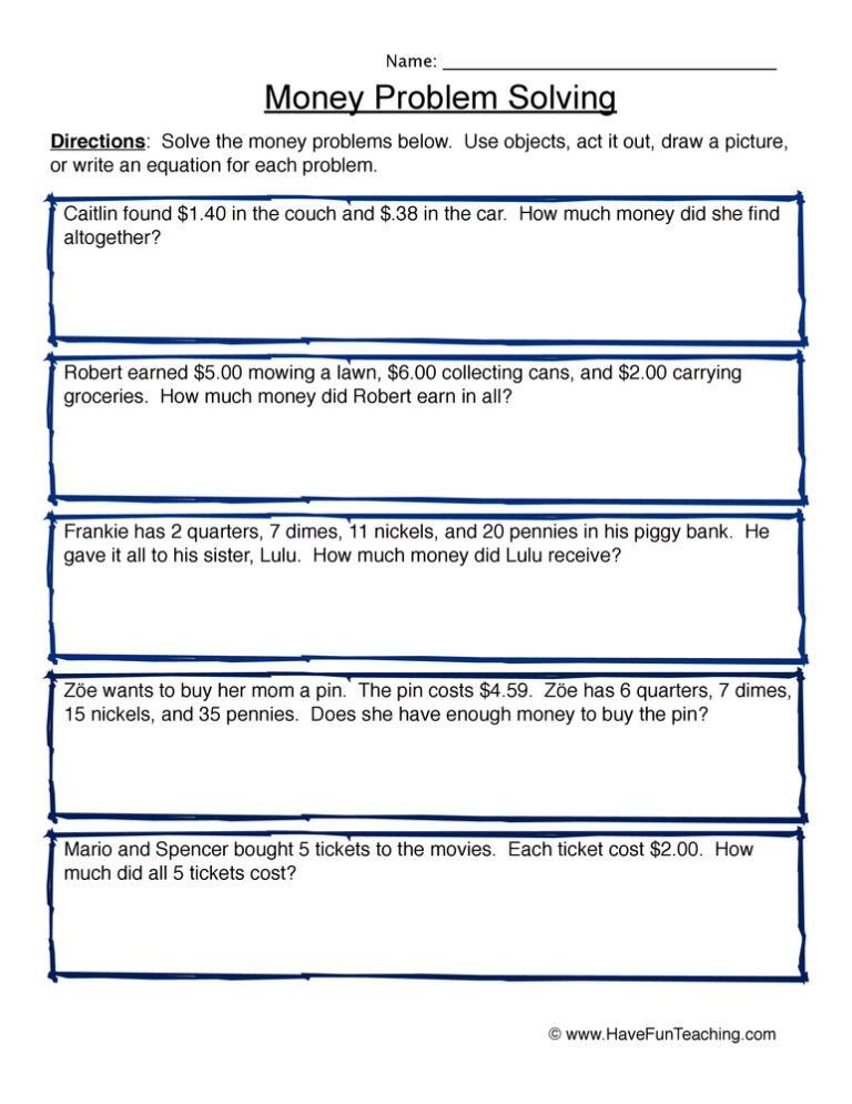 Money Word Problems Worksheet
