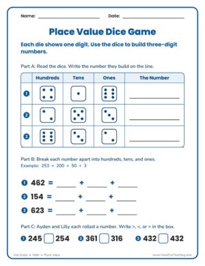 2nd Grade place value worksheet showing dice in hundreds, tens, and ones columns