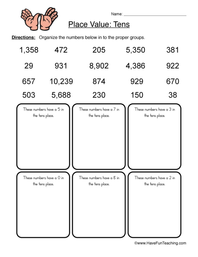 Place Value Tens Sorting Worksheet