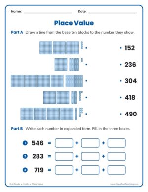 2nd Grade place value matching worksheet with base ten blocks and expanded form