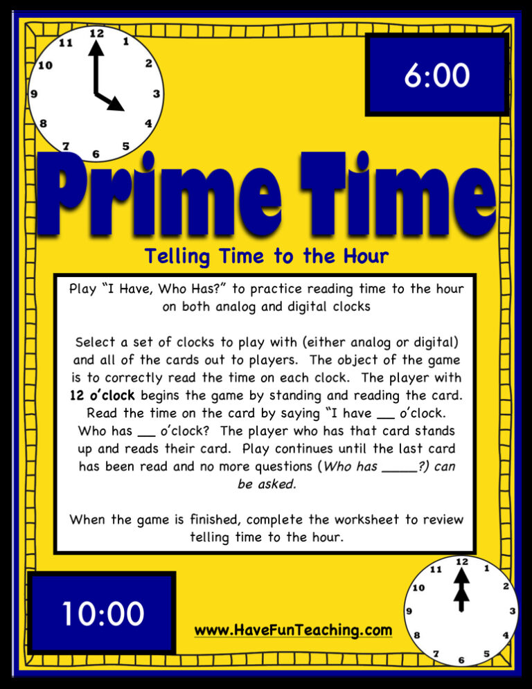 Prime Time Telling Time Activity