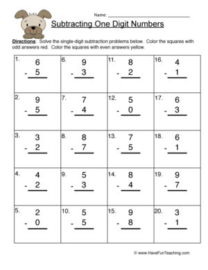 Single Digit Subtraction Worksheet