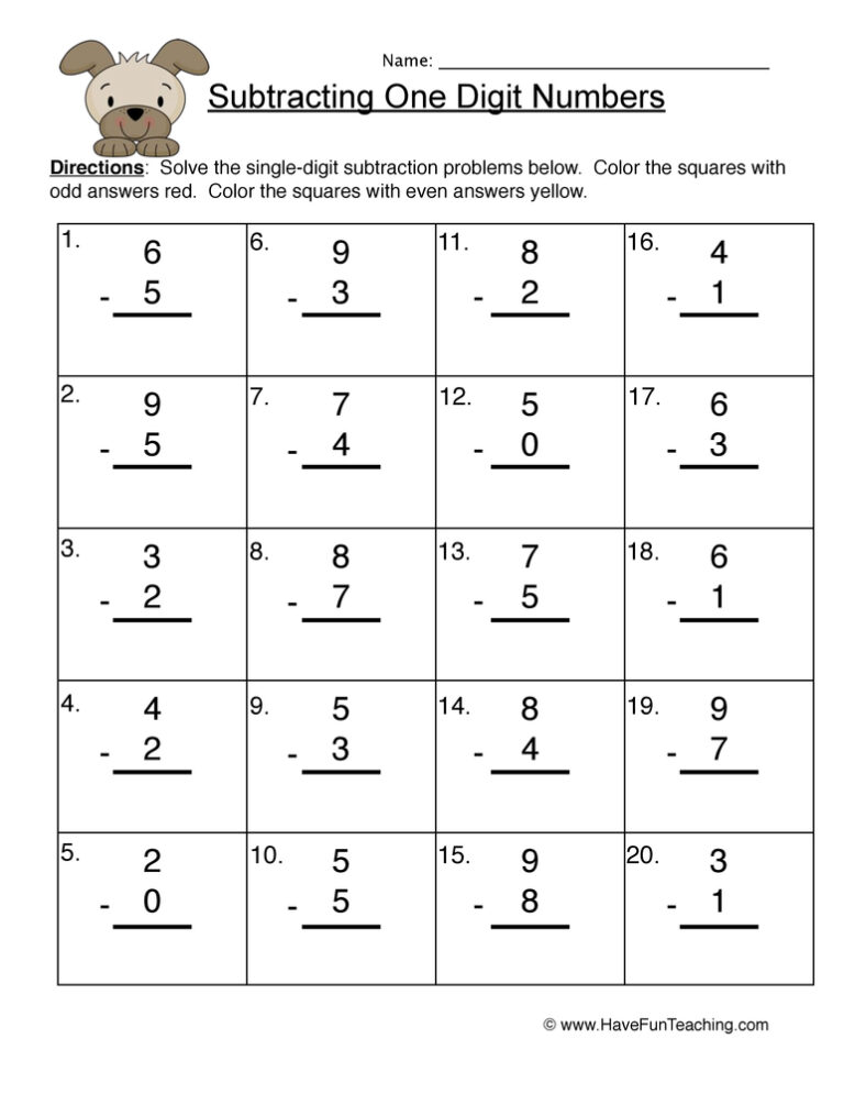 Single Digit Subtraction Worksheet