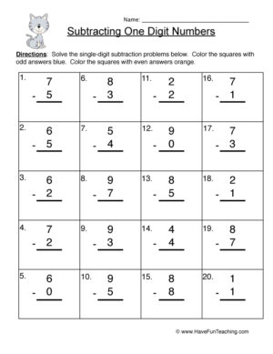 Subtracting One Digit Numbers Worksheet