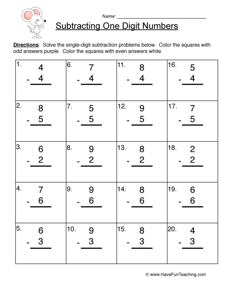 Subtract Single Digit Worksheet