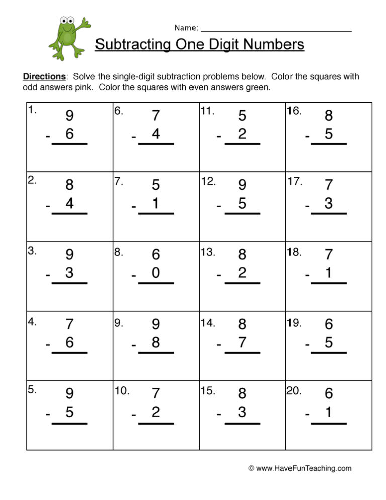 Single Digit Numbers Subtraction Worksheet