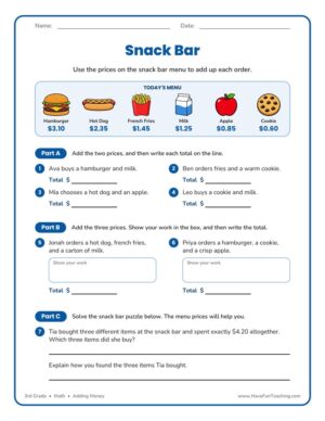 3rd Grade adding money worksheet with a snack bar menu