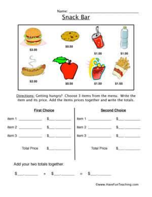 Snack Bar Money Worksheet