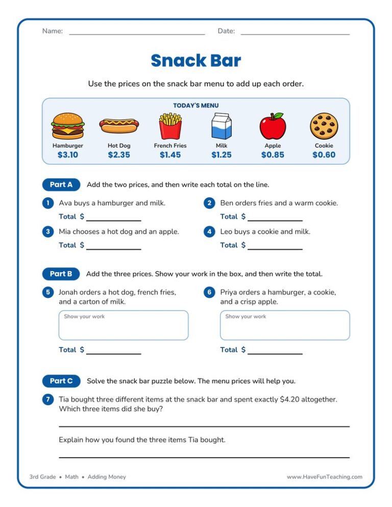 Snack Bar Money Worksheet