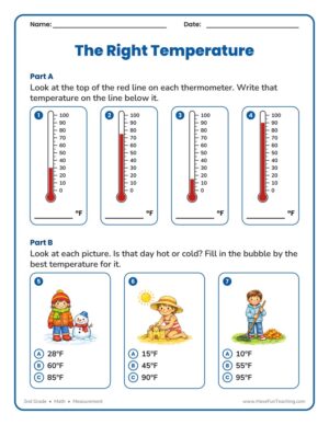 2nd Grade temperature measurement worksheet with four Fahrenheit thermometers to read