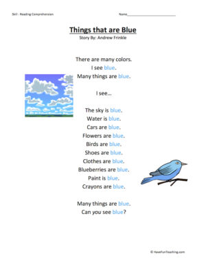 Things that are Blue Reading Comprehension Worksheet