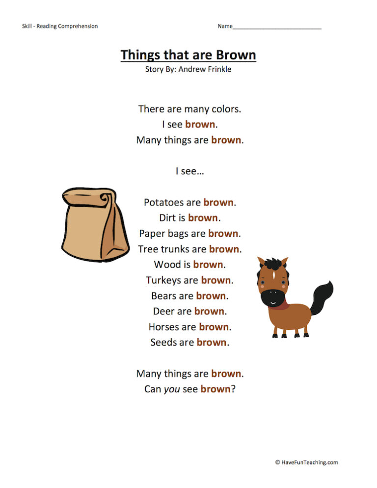 Things that are Brown Reading Comprehension Worksheet