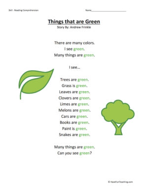 Things that are Green Reading Comprehension Worksheet