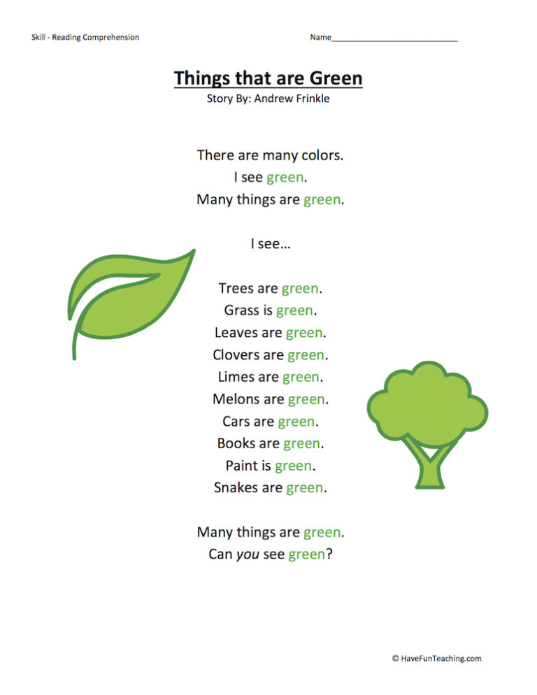 Things that are Green Reading Comprehension Worksheet