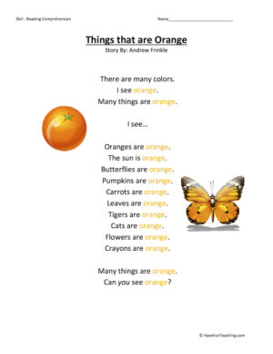 Things that are Orange Reading Comprehension Worksheet