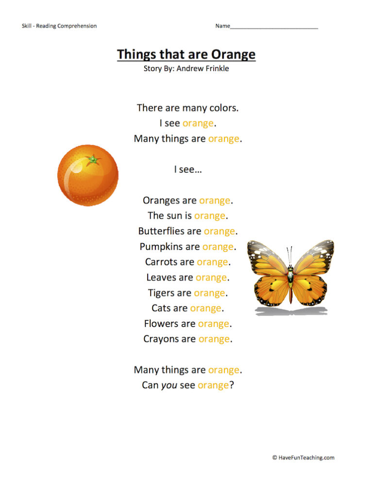 Things that are Orange Reading Comprehension Worksheet