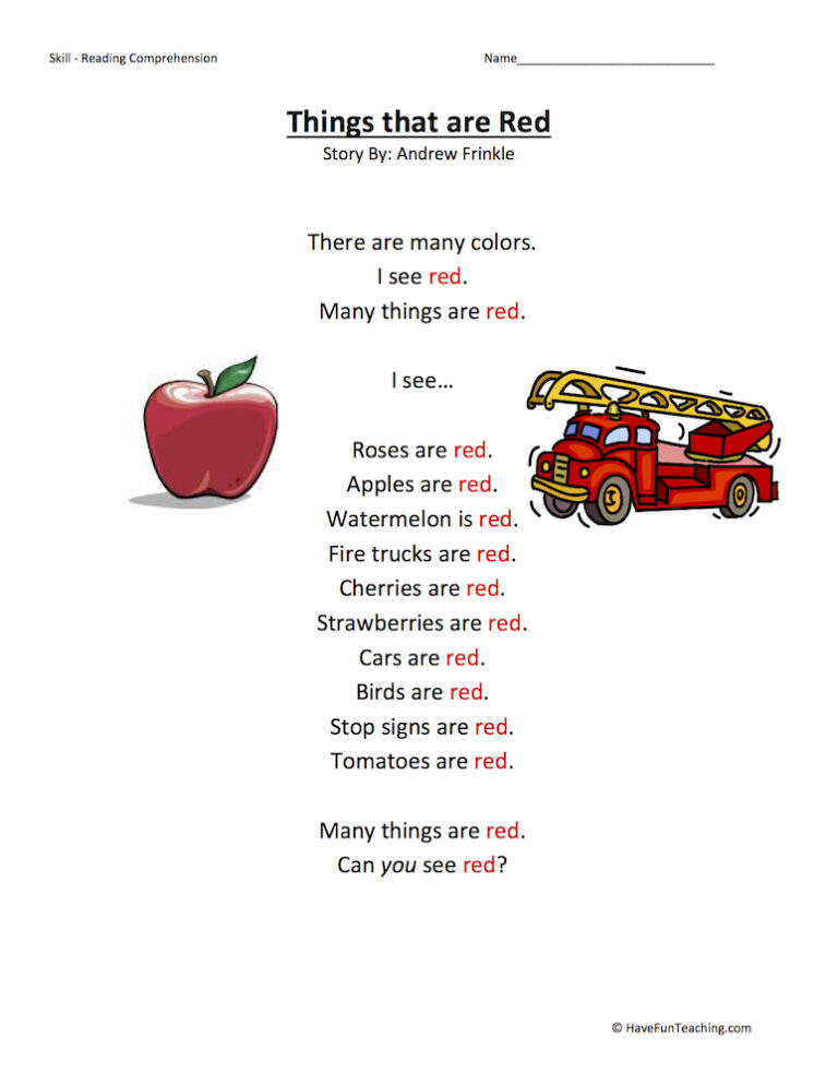 Things that are Red Reading Comprehension Worksheet