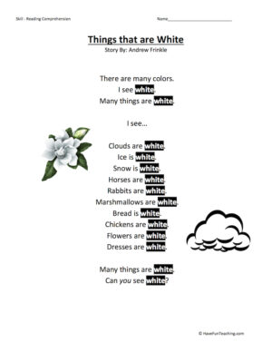 Things that are White Reading Comprehension Worksheet