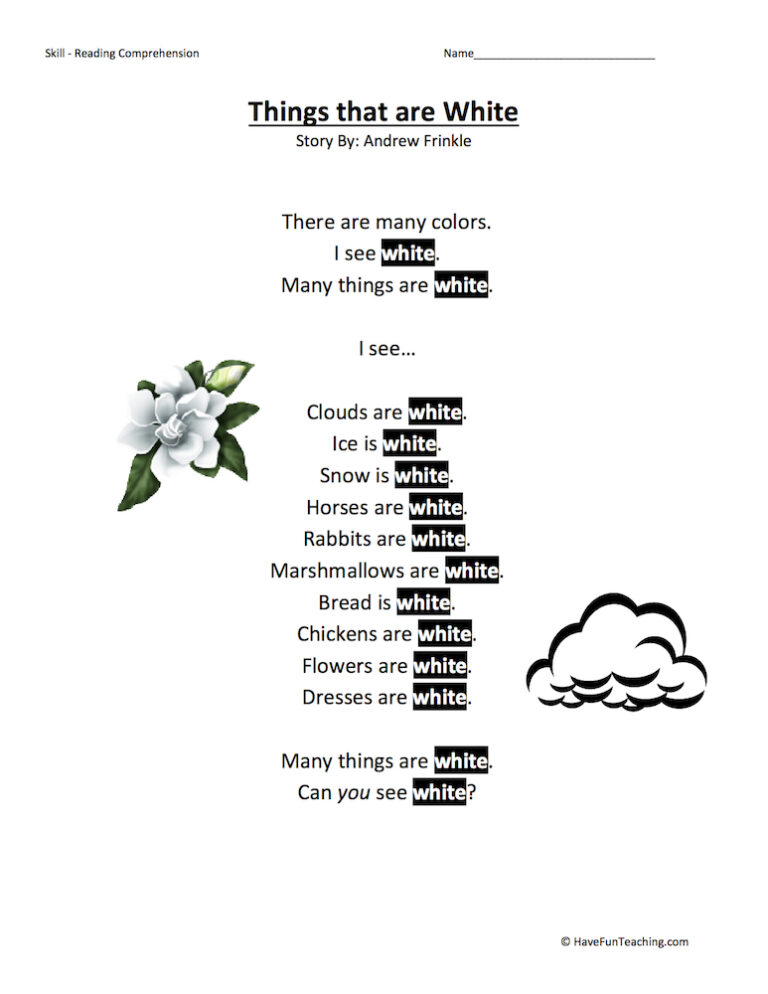 Things that are White Reading Comprehension Worksheet