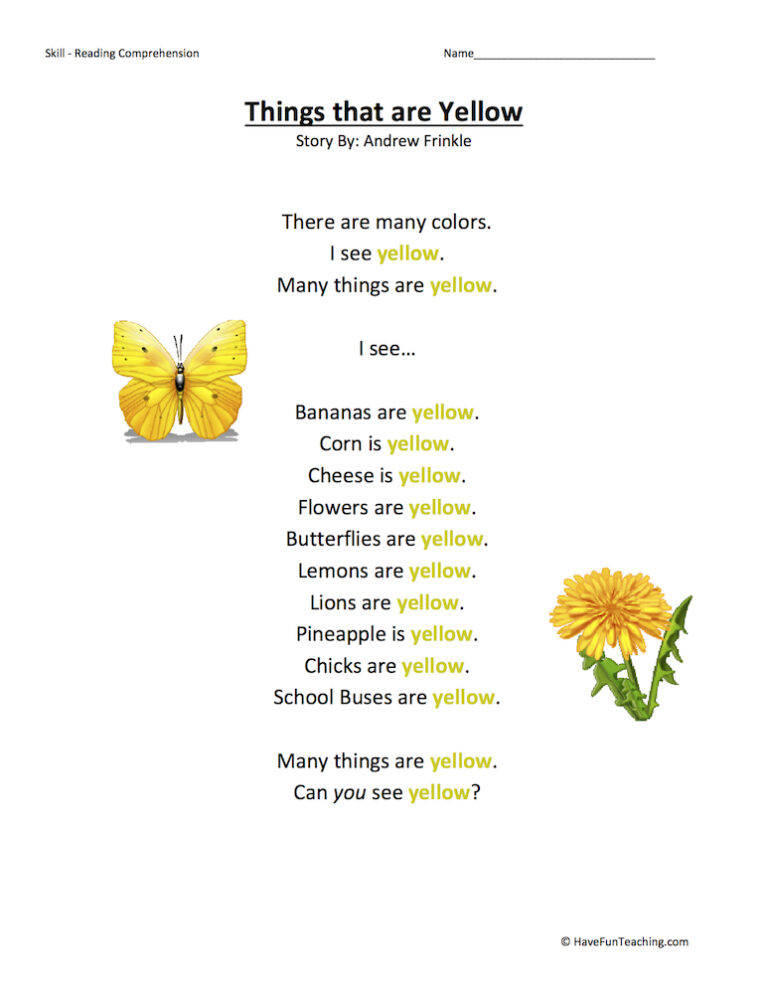 Things that are Yellow Reading Comprehension Worksheet