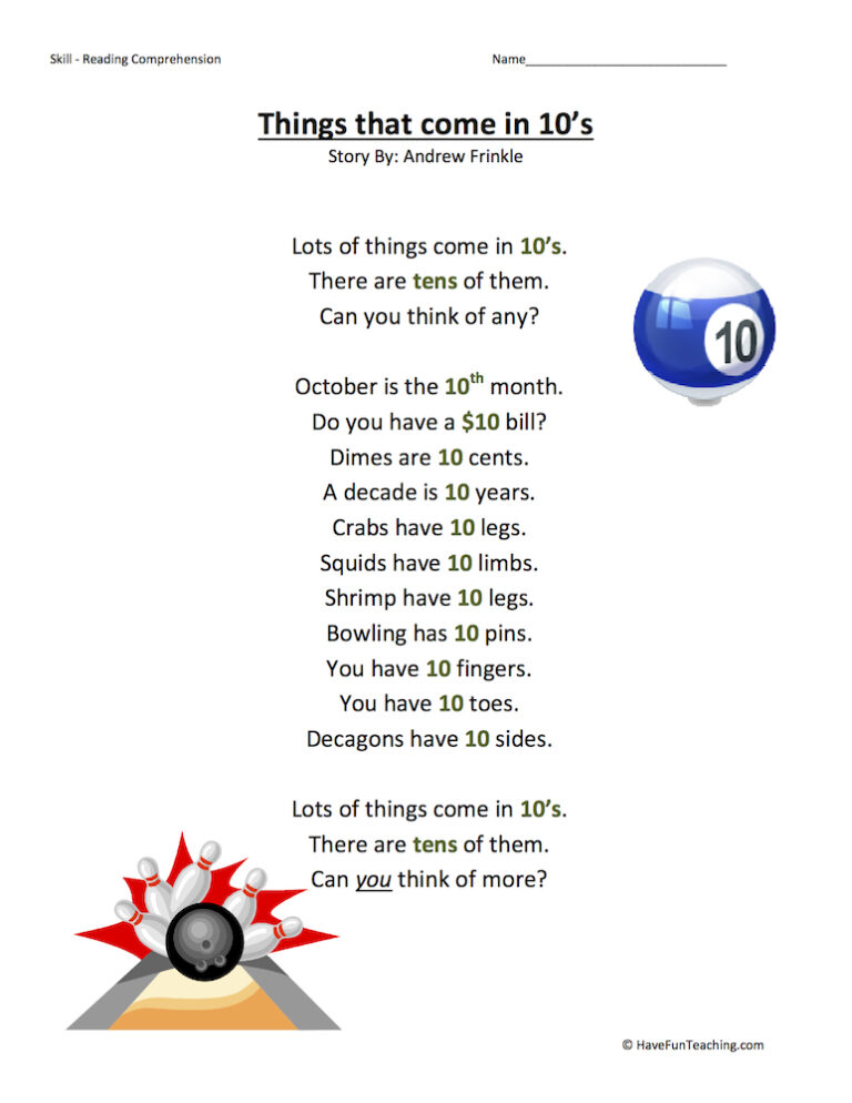 Things that come in 10s Reading Comprehension Worksheet