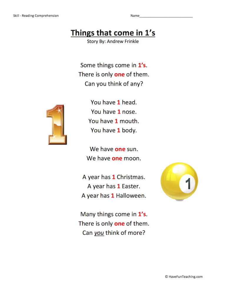 Things that come in 1s Reading Comprehension Worksheet