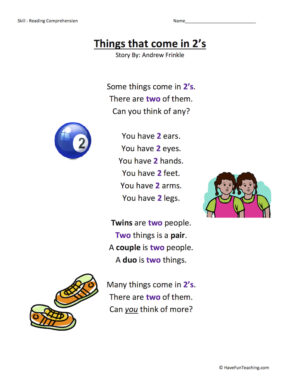 Things that come in 2s Reading Comprehension Worksheet