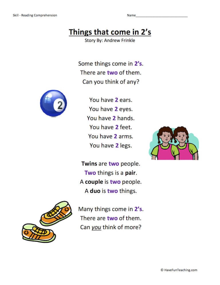 Things that come in 2s Reading Comprehension Worksheet